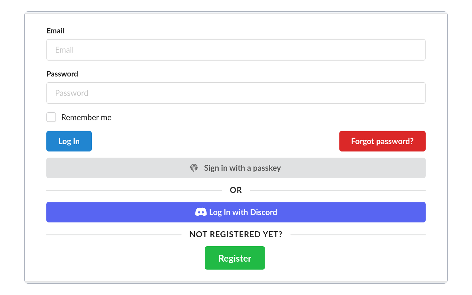Login page with email and password fields, a Sign in with a passkey button under the Log In button, and Log In with Discord below it.