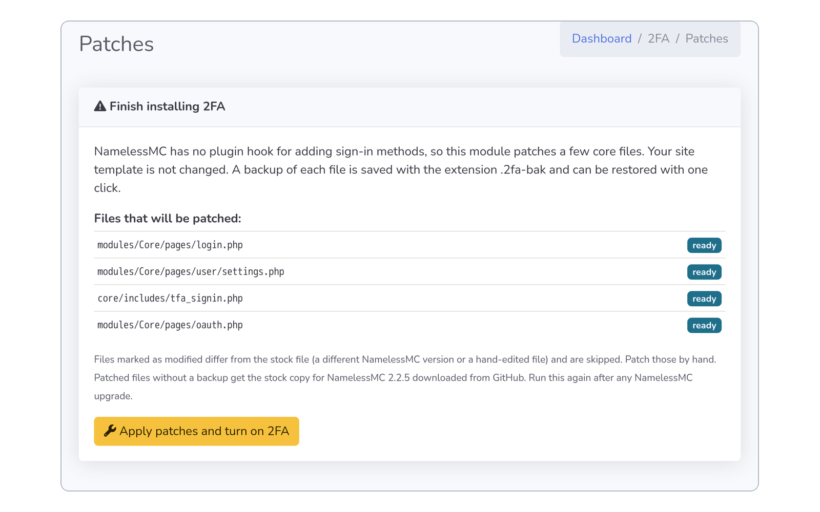 StaffCP Patches page before installing. It says your site template is not changed, lists the four core files that will be patched, each marked ready, and an Apply patches and turn on 2FA button.