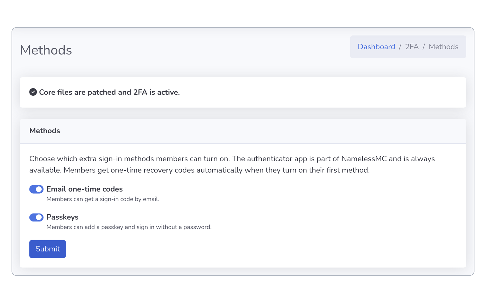StaffCP Methods page. It says core files are patched and 2FA is active, with switches for email one-time codes and passkeys.